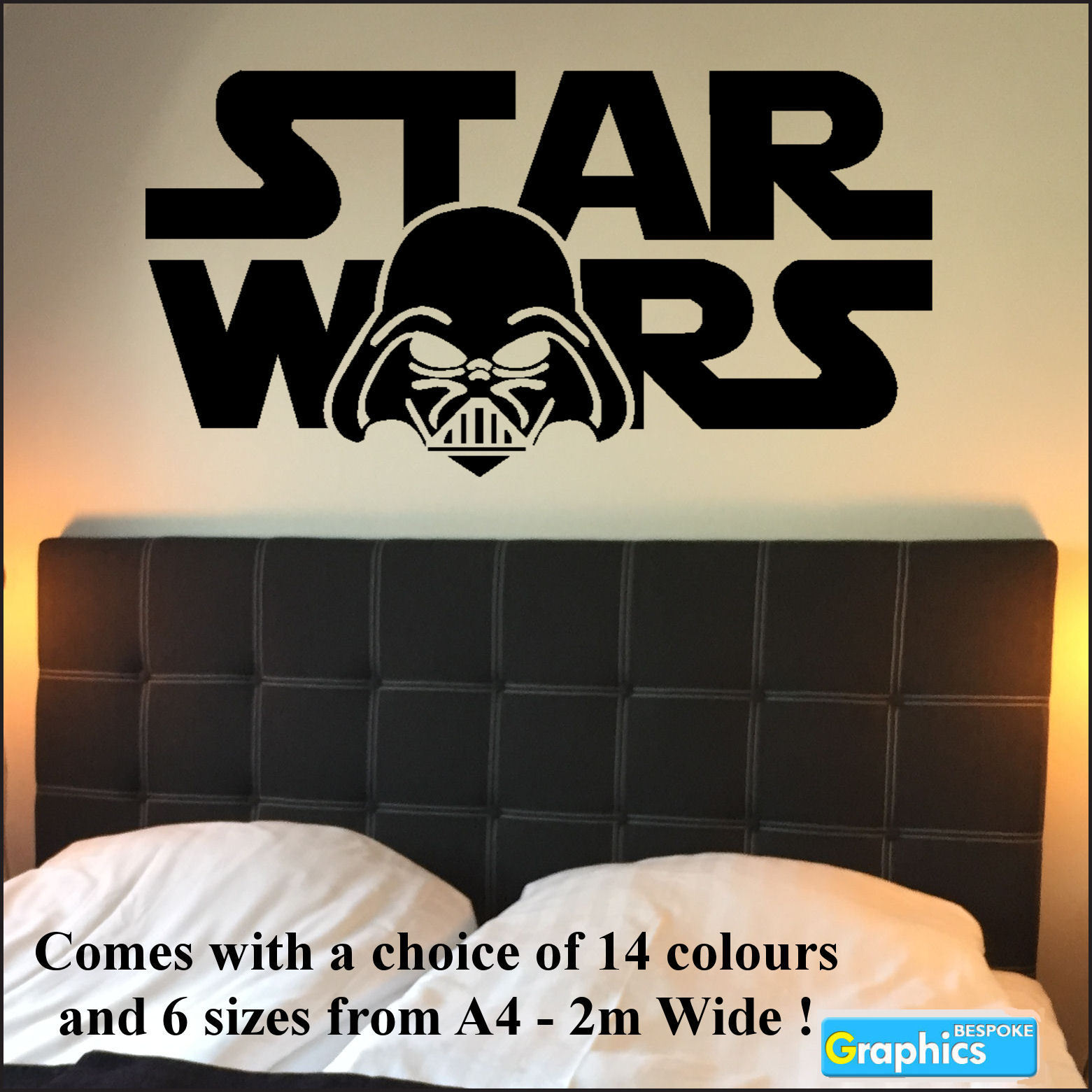 Large Starwars Bedroom wall sticker art Logo with Darth Vader Head Matt Decal UK 